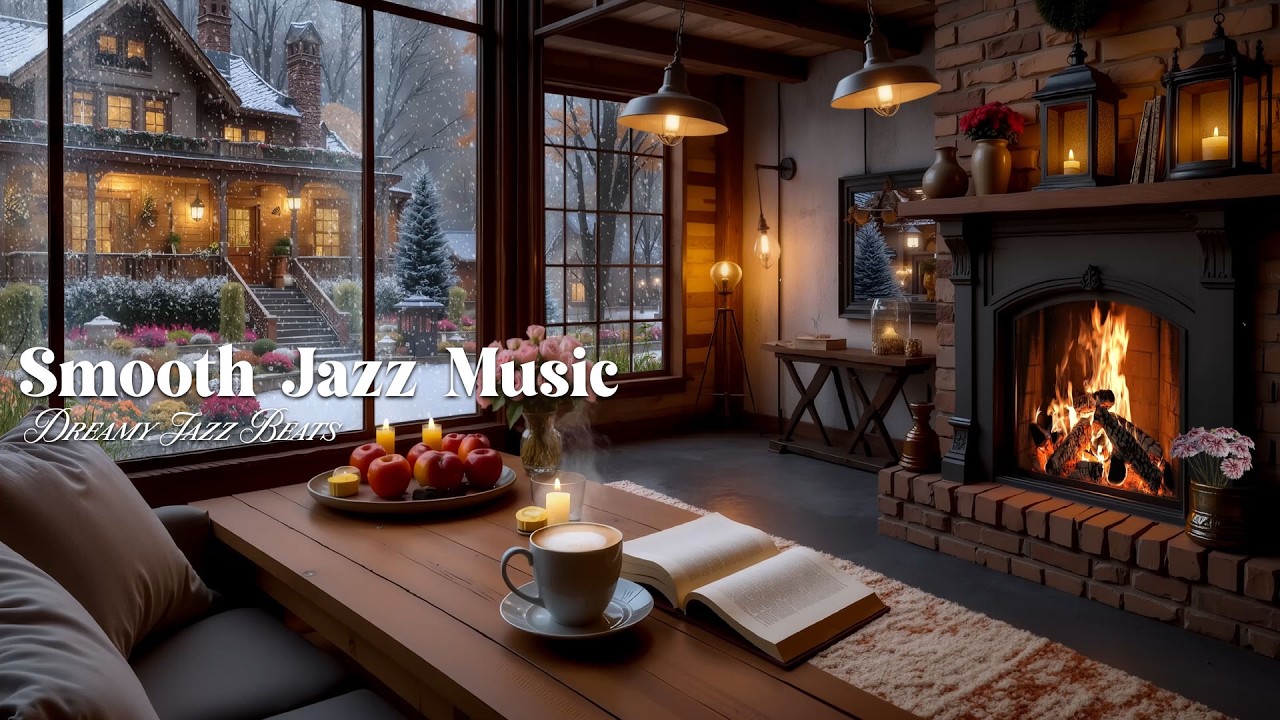 Beautiful Winter Café ❄️ Relaxing Jazz Piano Music with Cozy Fireplace Ambience for Work and Study