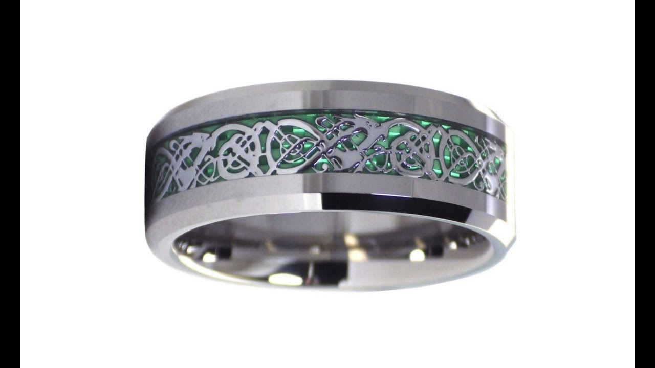 Nordic Viking Celtic Knot Tungsten Dragon Ring with Green Carbon Fiber by Fantasy Forge Jewelry