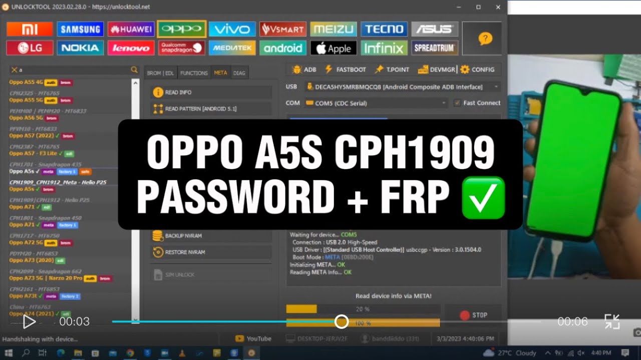 OPPO A5S CPH1909 PASSWORD PLUS FRP UNLOCKED WITH UNLOCKTOOL