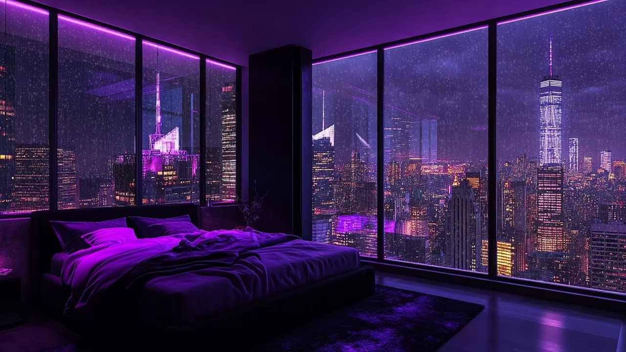 Night Rain Over a Radiant Urban Skyline | Cozy Modern Bedroom with Expansive Window | Relaxing Sleep