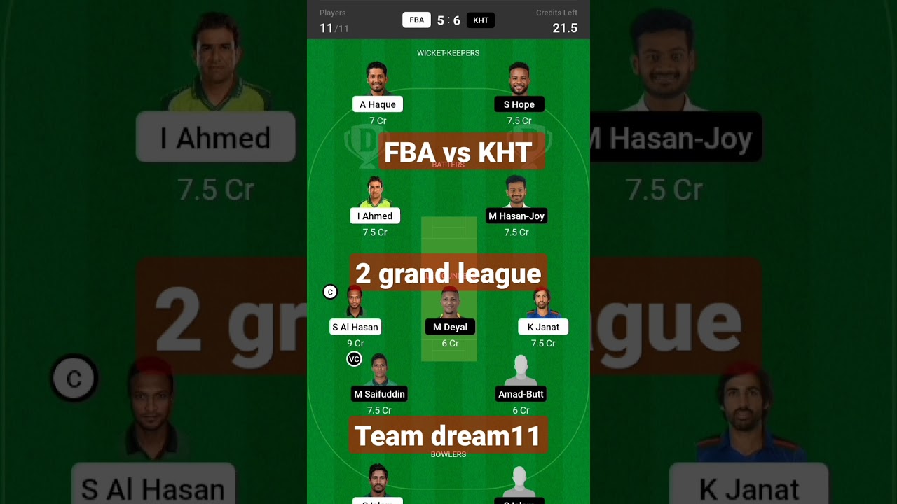 FBA vs KHT dream11 team | fba vs kht dream11 small league | fba vs kht vs grnad league #kht vs fba#