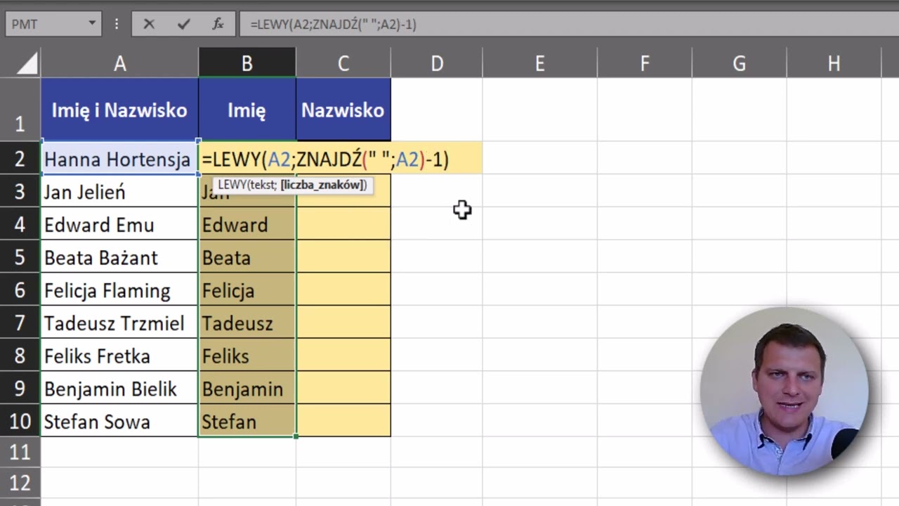 Excel - Wyciąganie Imienia i Nazwiska za pomocą formuł | Kurs Excel SuperHero 18.1