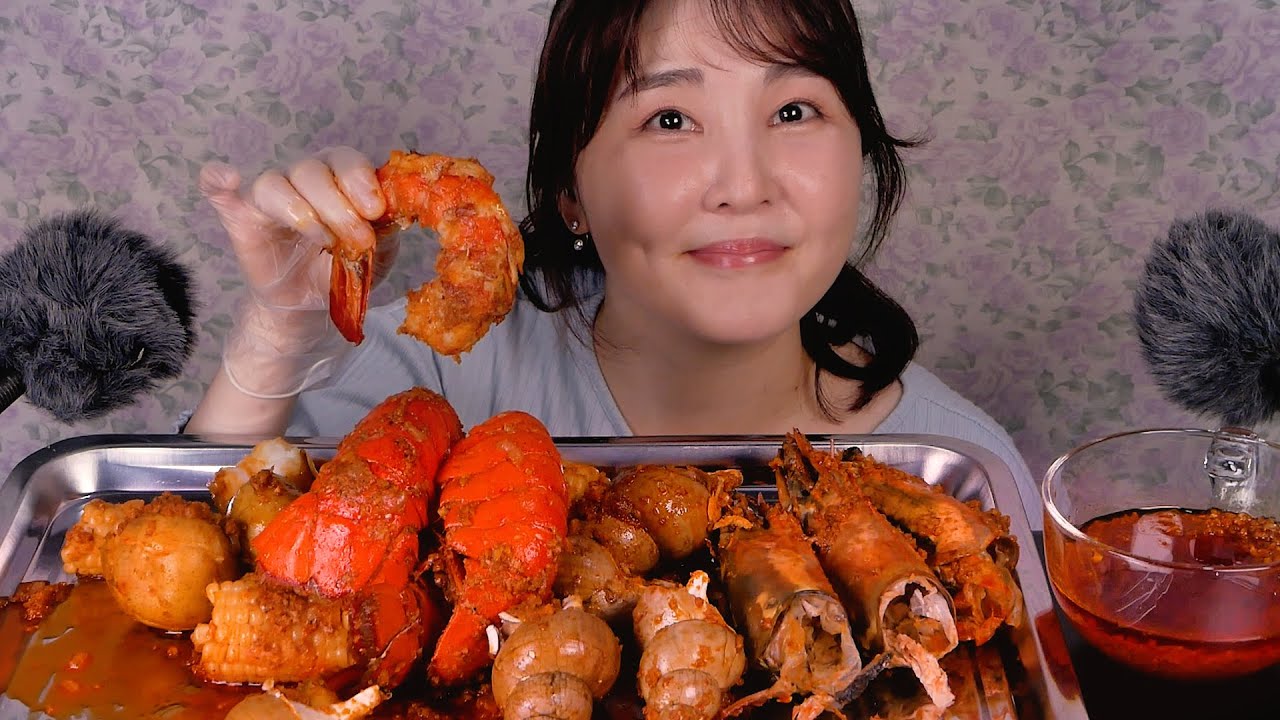 🦐 집에서 만든 보일드 시푸드 이팅사운드 ASMR _ 킹타이거새우, 랍스터 꼬리, 백골뱅이