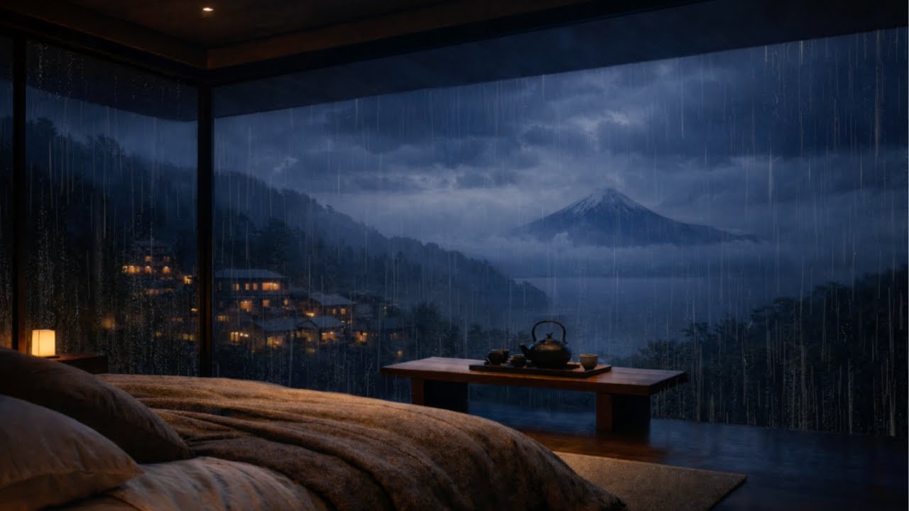 8 Hours of Heavy Rain Sounds for Sleeping (No Ads) | Rainy Japanese Ryokan Overlooking Mt. Fuji