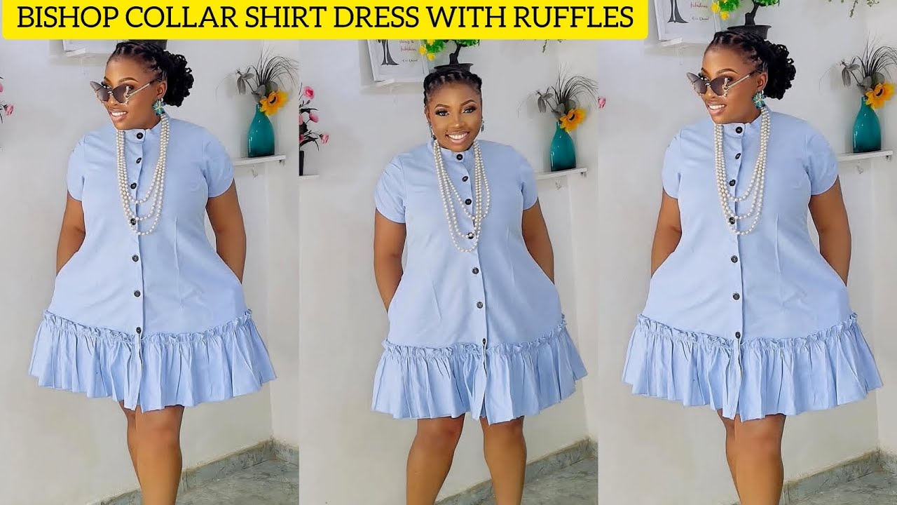 How to Cut and Sew this Stylish A-Line Button Down Shirt Dress with BISHOP COLLAR & Tiered Gathers