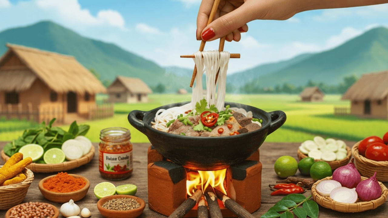 A Peaceful Morning in a Vietnamese Village. Traditional Bun Bo Hue Cooking. ASMR Healing miniature
