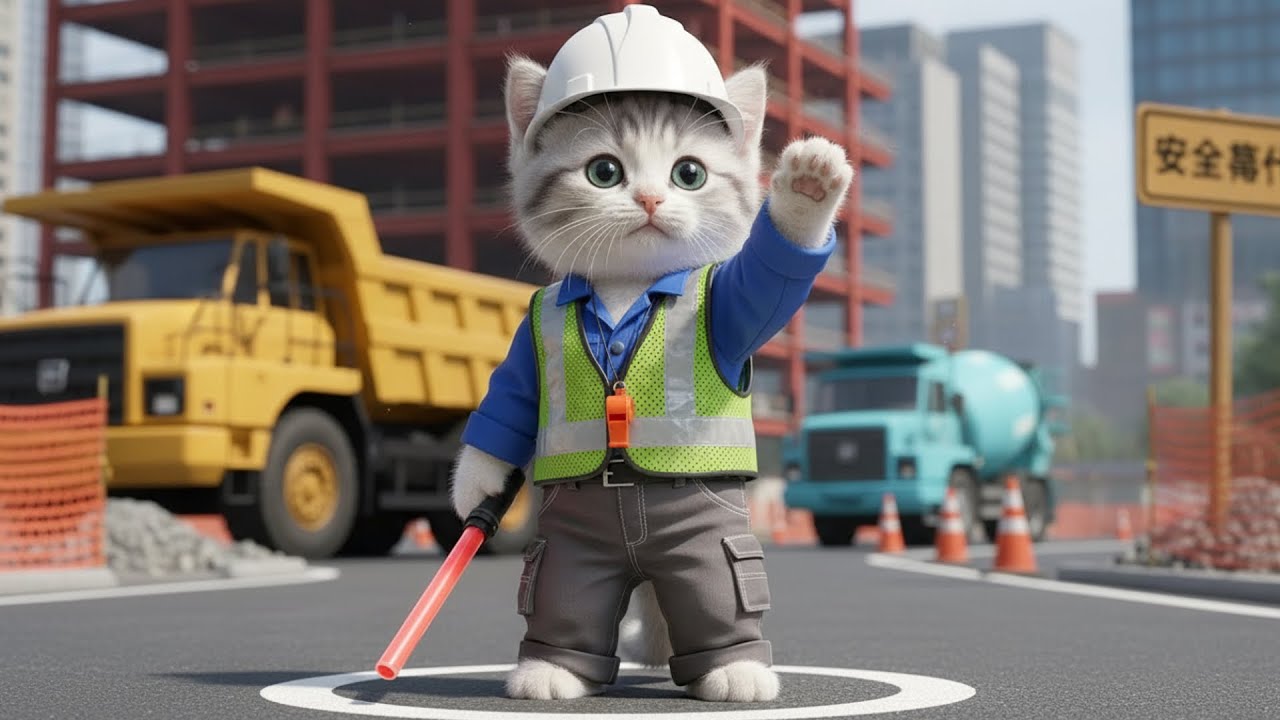 止まれにゃ!!新人交通誘導員のお仕事!!ねこの一日に密着🐱🚓