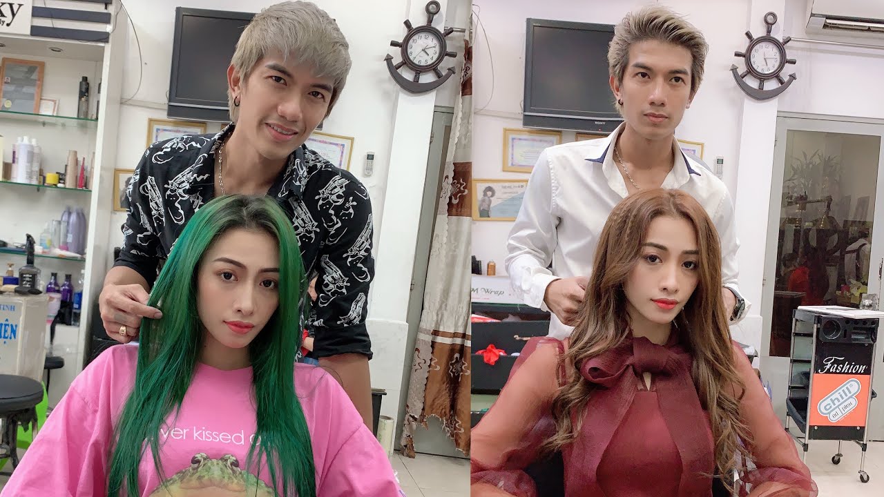 hướng dẫn bóc màu nhuộm tóc xanh lá qua màu nâu hạt dẻ, nâu mật ông, hùng đông tinh hair