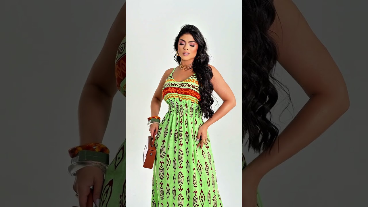 Vestido Longo Feminino Estampado com Al&ccedil;a Fina Lastex Ajust&aacute;vel Design Moderno
