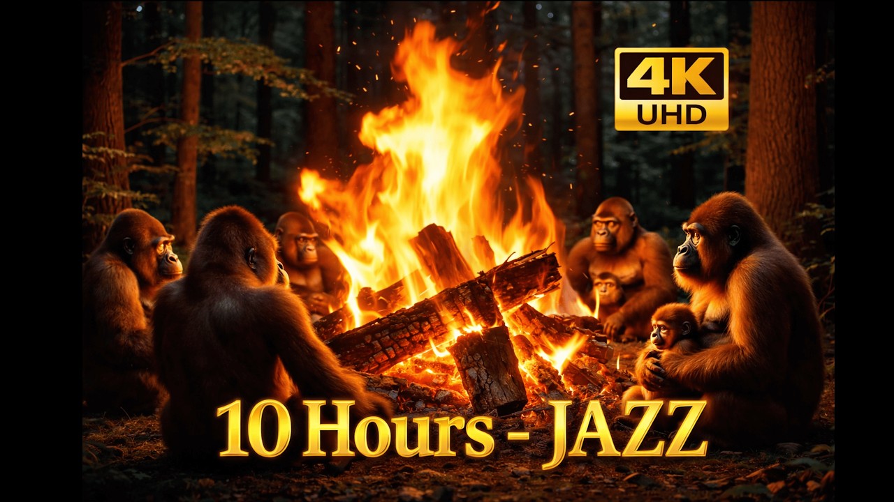 10 HOURS Gorillas & Jazz – Relaxing Jungle Fireplace for Sleep, Study & Deep Meditation