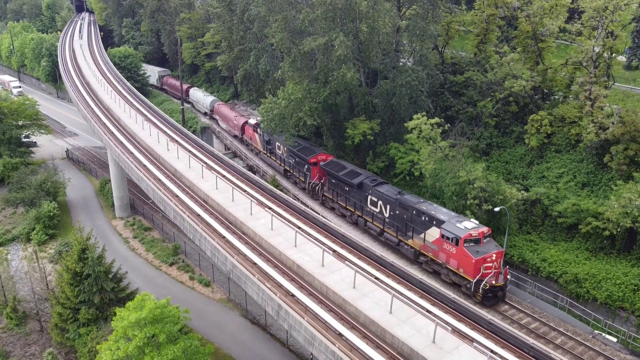 CN RAIL NORTHBOUND FROM THORNTON YARD TO LYNN CREEK YARD. ENTERING NEW WESTMINSTER SUBDIVISION.