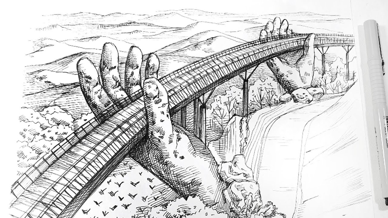 Cầu Vàng Golden bridge, Da Nang - pen drawing sounds ASMR