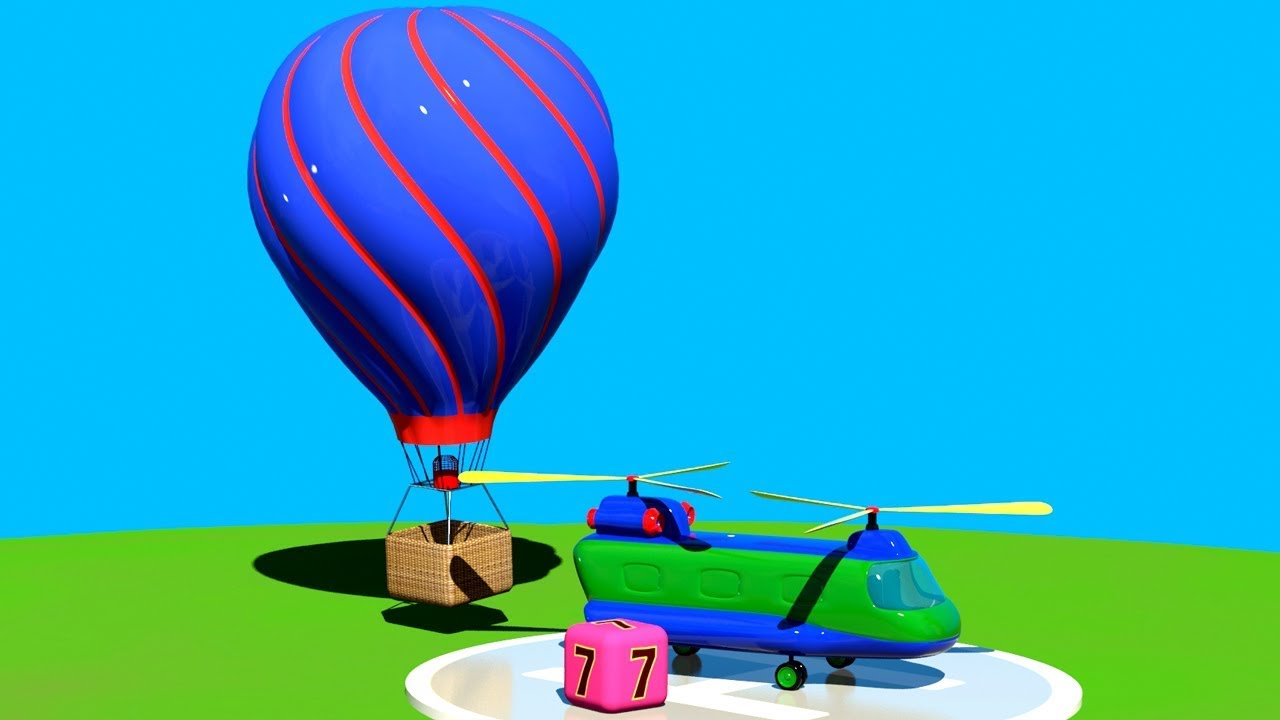 Balão de ar quente e os helicópteros e aviões. O aeroporto em 3D