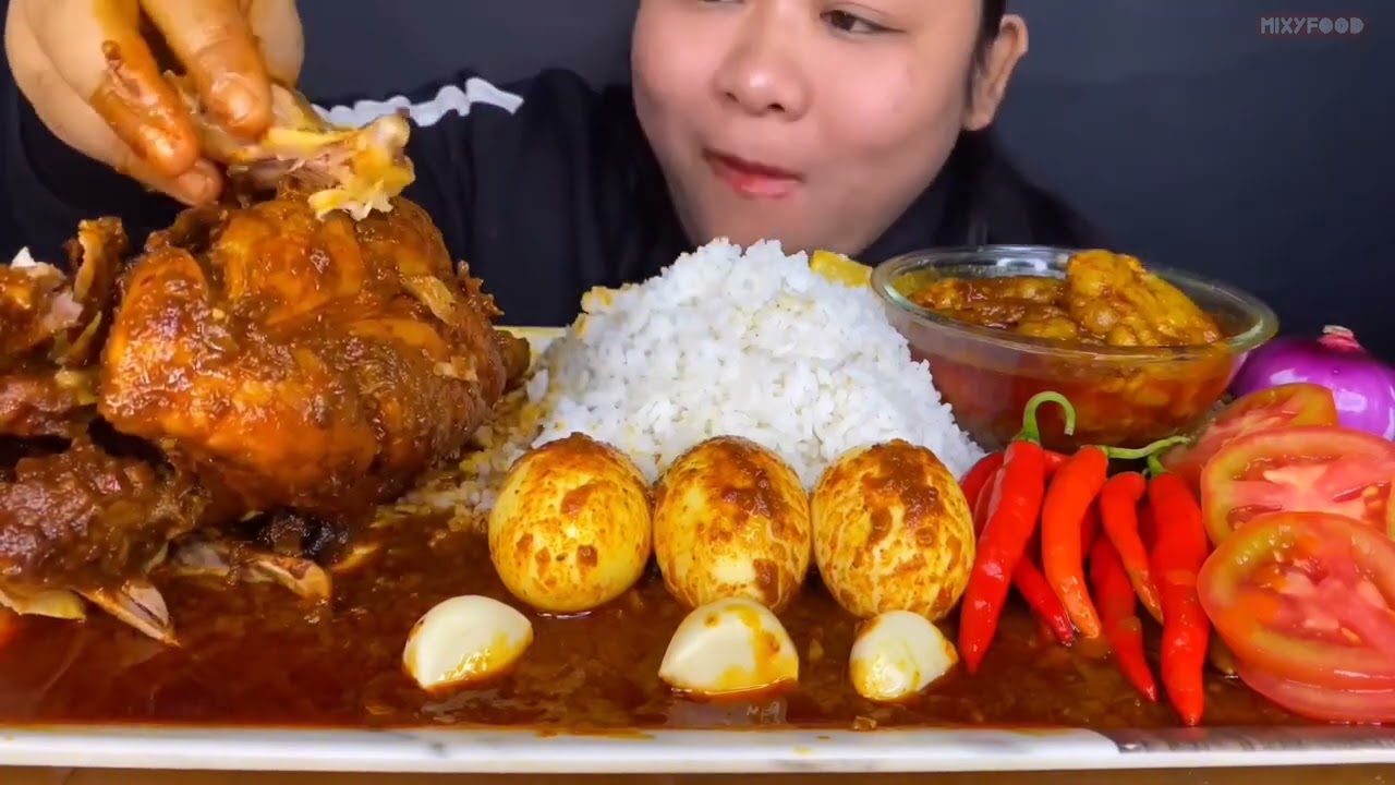 ASMR: Eating Whole Chicken Curry Eating Challenge😍😋egg curry gobi pakoda veg pulao &rice Mukbang🤤