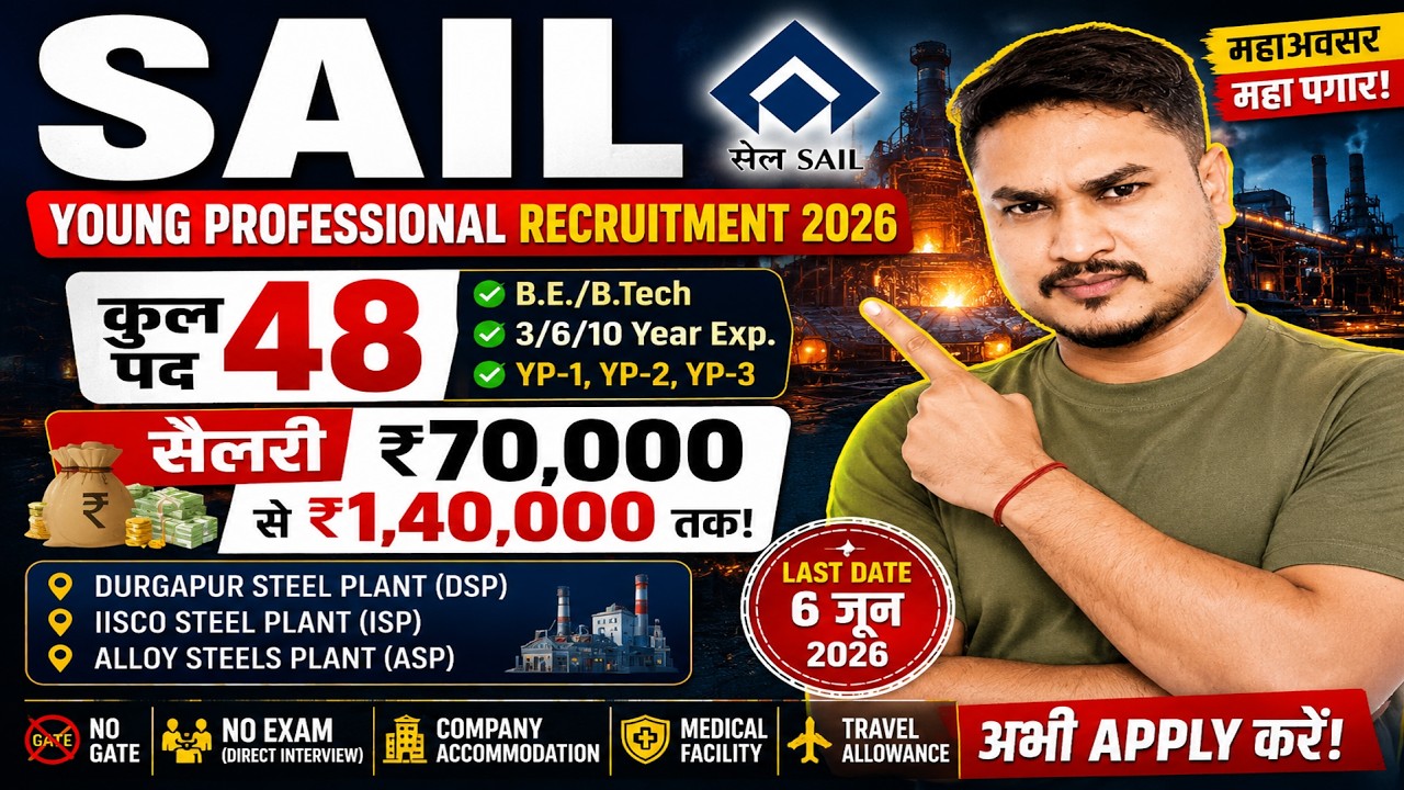 SAIL Recruitment 2026 | SAIL Young Professional Recruitment 2026 | B.Tech Govt Job | Salary up to...