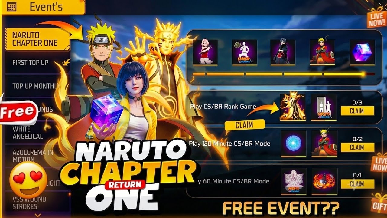 🔥NARUTO CHAPTER 1🤩RETURN FREE EVENT FREE FIRE || FREE FIRE  NEW EVENT || FREE FIRE NARUTO COLLAB