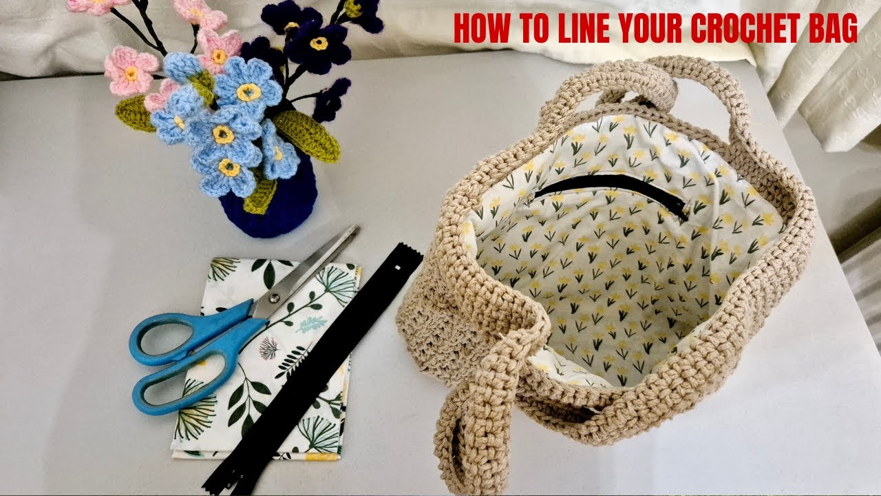 How to line a crochet bag # Adding lining to a crochet bag#macramehandbag # adding zip pocket to bag