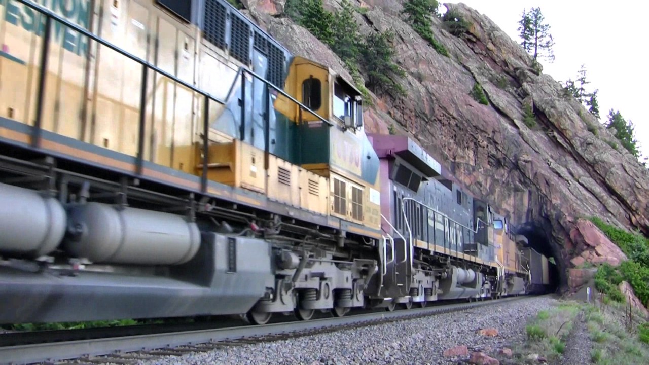 Union Pacific coal train braking hard out of Tunnel 7 on the Moffat Route.