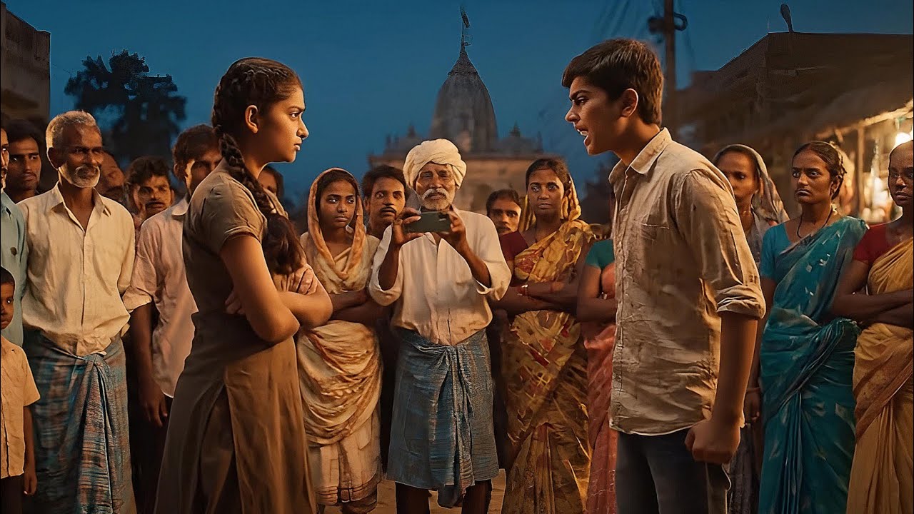 Indian girl and boy fighting at street 