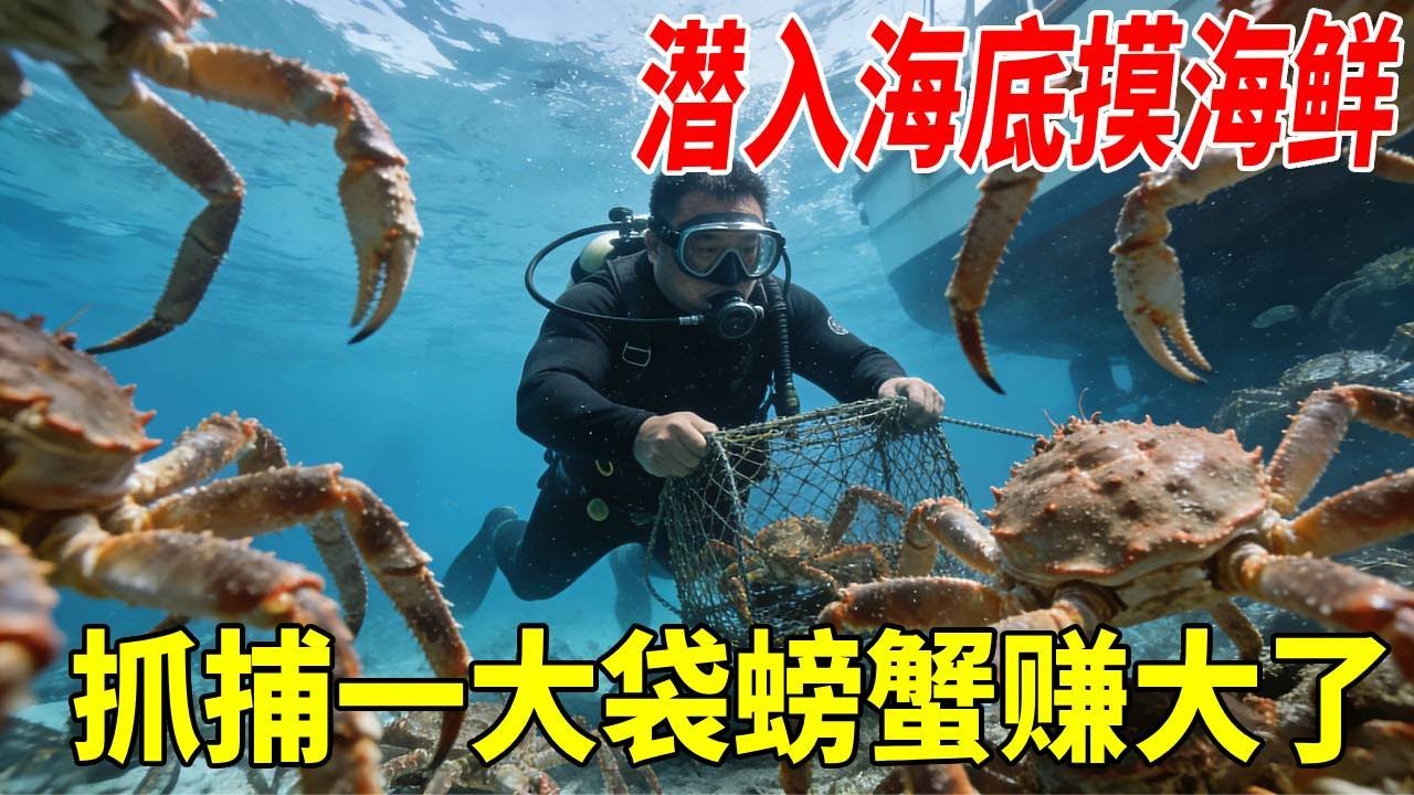 潜入海底摸海鲜，抓上来这么一大袋好货，奖励自己几只大螃蟹吃   #海鲜