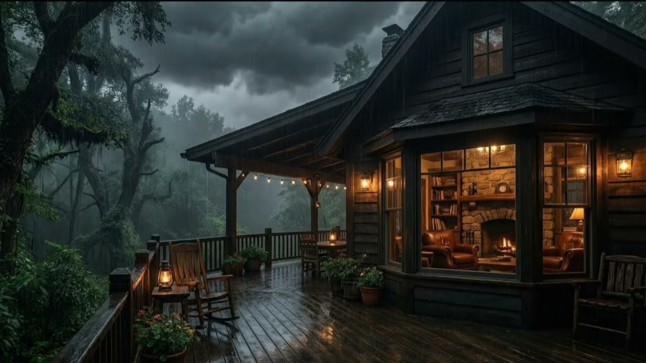 Fall Asleep Instantly: Heavy Thunderstorm & Warm Fireplace in a Mountain Cabin #001