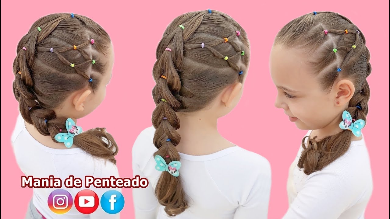Penteado Infantil com Ligas e Trança | Pull Through Braid with Colourful Rubber Band for Girls 🌈🦄