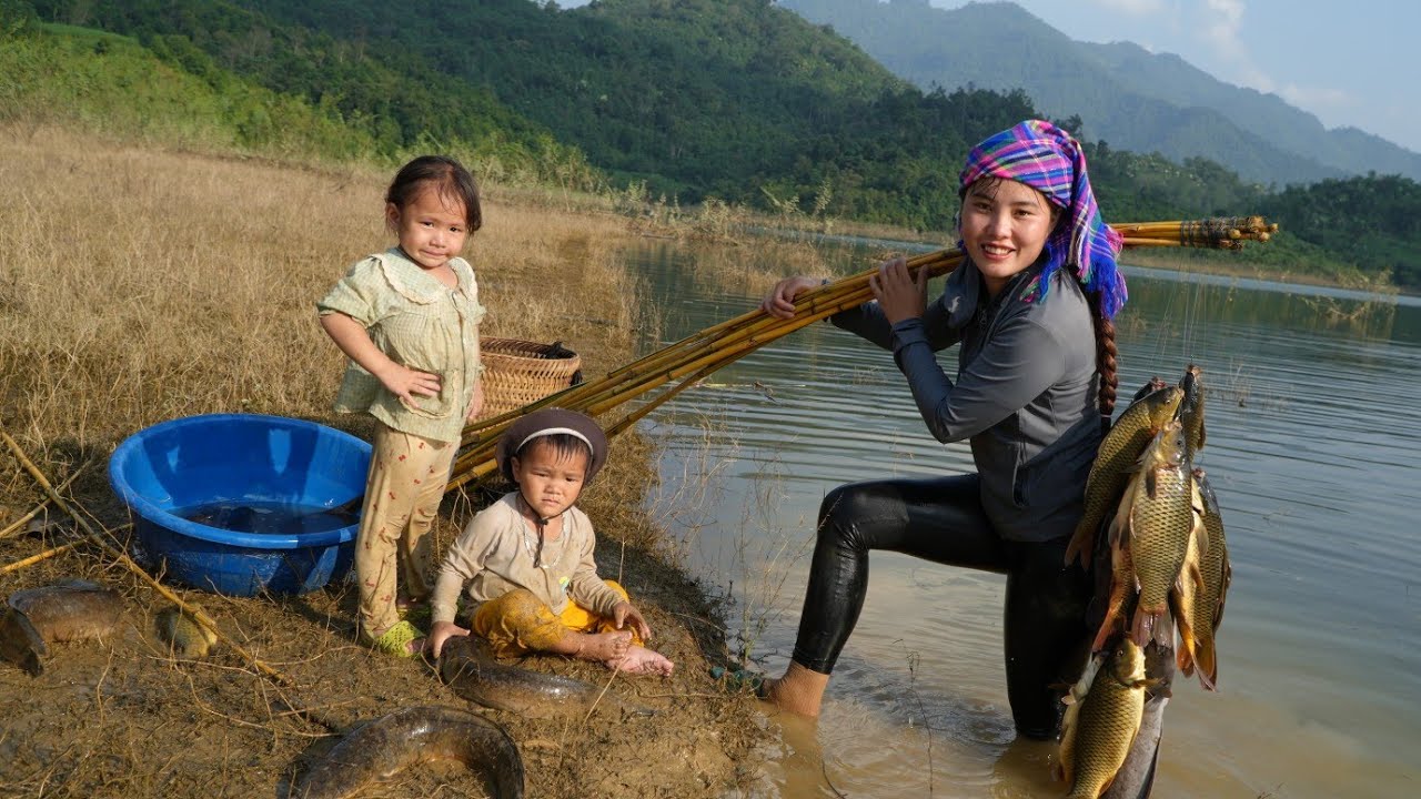 catch fish, trap fish, harvest giant fish, bring to market to sell with two children