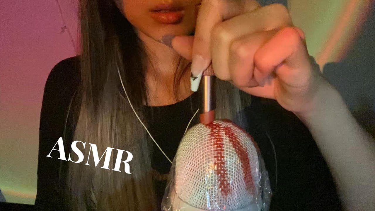 ASMR lipstick on mic, water spray on plastic wrap