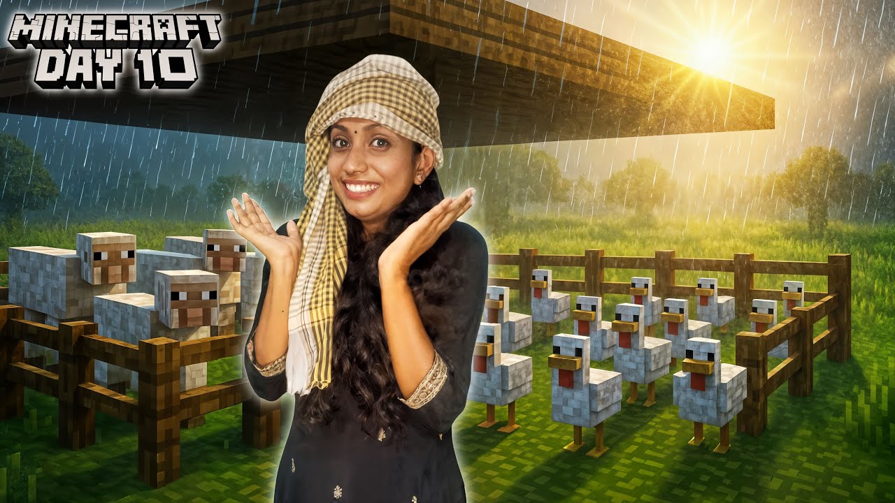MINECRAFT DAY 10 -  Building Sheds For My Chickens And Sheep During Heavy Rainfall ☔🌧️!!