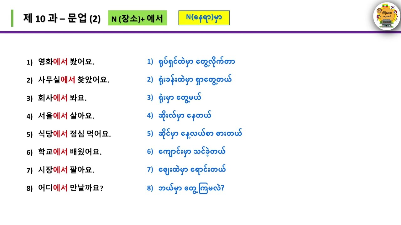 EPS TOPIK Part -1 Grammar (အခန်း ၁၀ - ၁၁)
