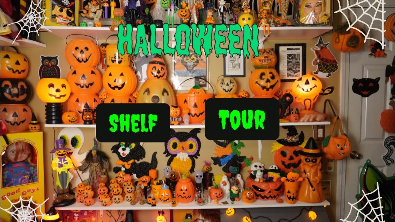 Vintage Halloween shelf tour!!🎃Blowmolds,Rosbro,pulp paper mache pumpkin,beistle die cuts,Ben cooper