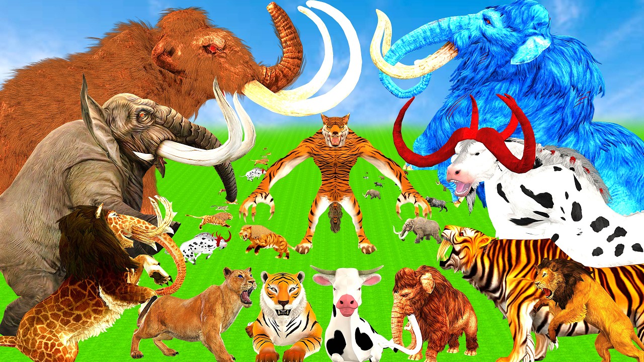 15 Big Bull Mammoth Elephant Cow Vs 10 Giant Lion Tiger Wolf Attack Cow Rescue Saved By Blue Mammoth