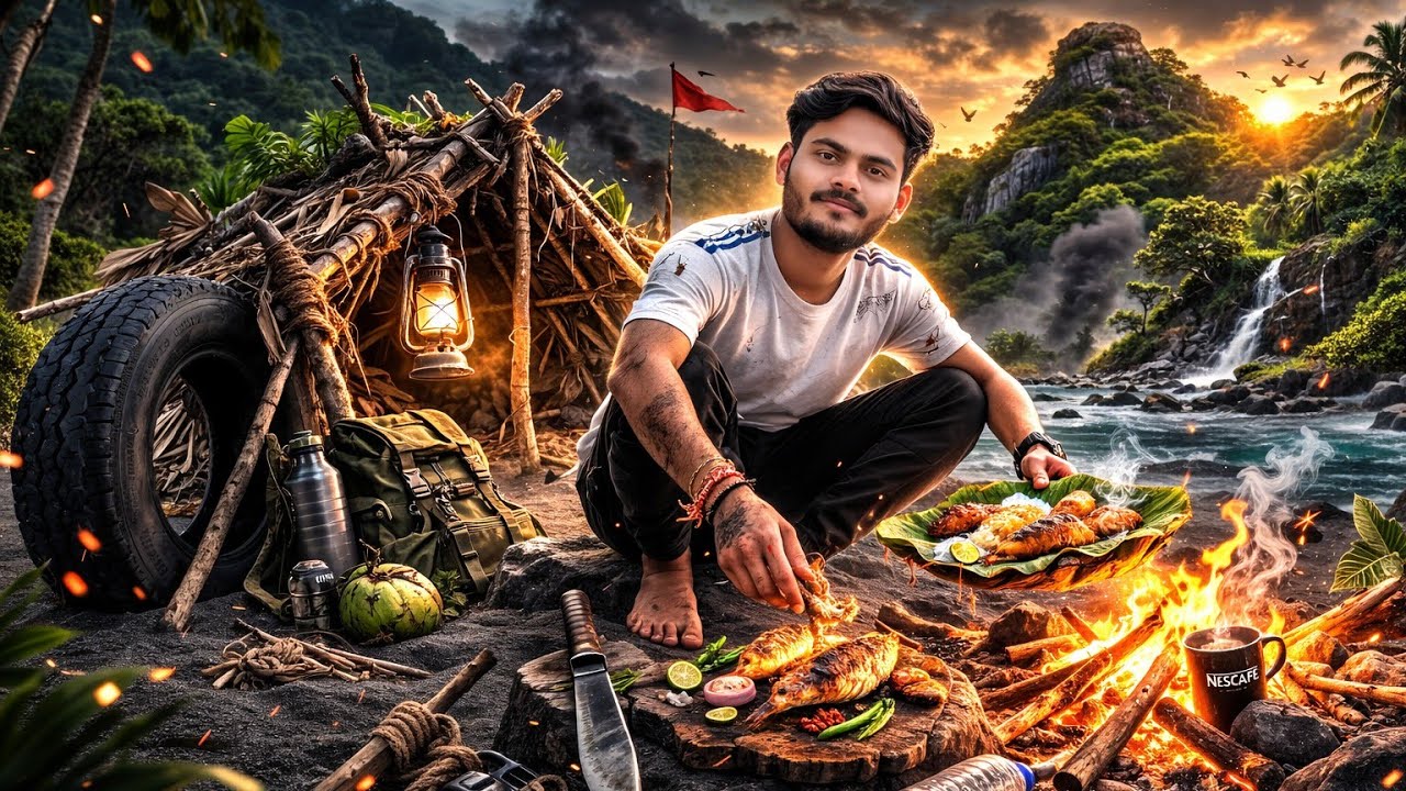 24 hours Jungle Survive In Heavy Rain 🌧️ / Shelter + Chicken Cooking 