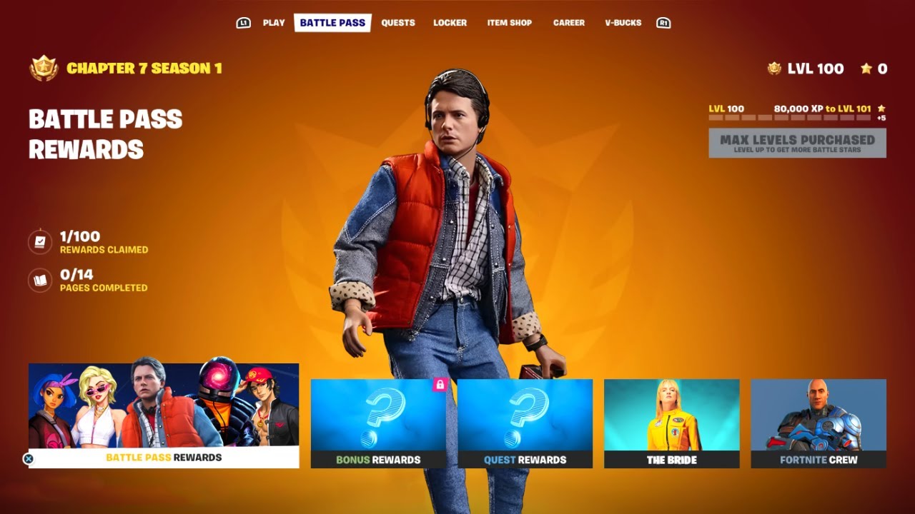 Chapter 7 Battle Pass (Tier 1-100 skins Back to the Future, Kill Bill) Fortnite