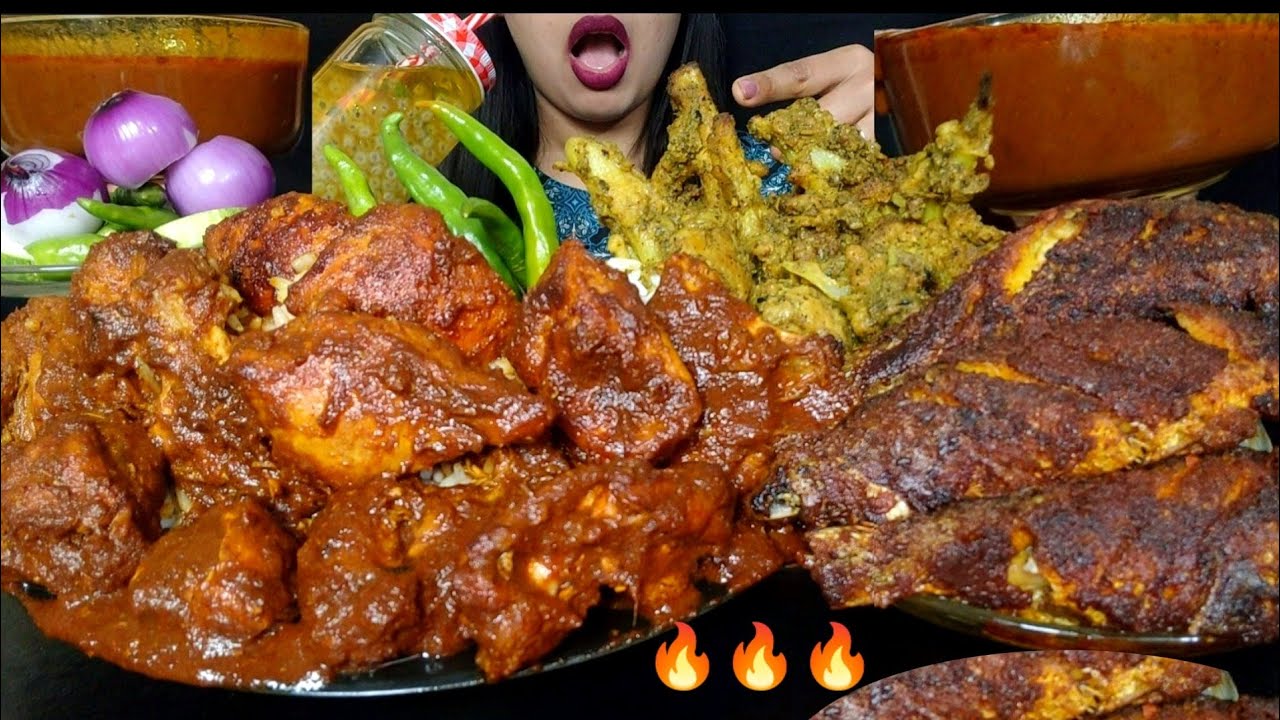 ASMR:EATING SPICY RED CHICKEN MASALA WITH RICE & CURRY,FISH FRY,SESAME CAULIFLOWER,JUICE#hungrygirl
