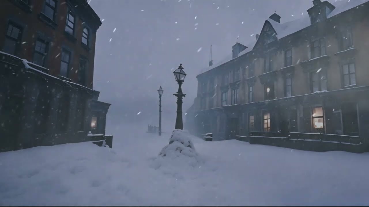 Blizzard Sounds with Snowfall and Winter Winds on Snowy City Square. Relaxing Snowstorm for Sleeping