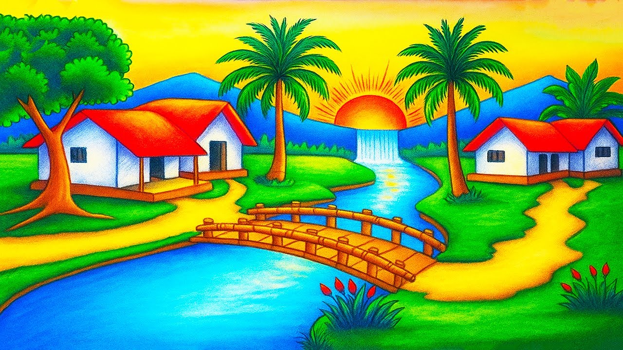 How to Draw a Beautiful Mountain Village Scenery with River & Sunset | Oil Pastel Drawing
