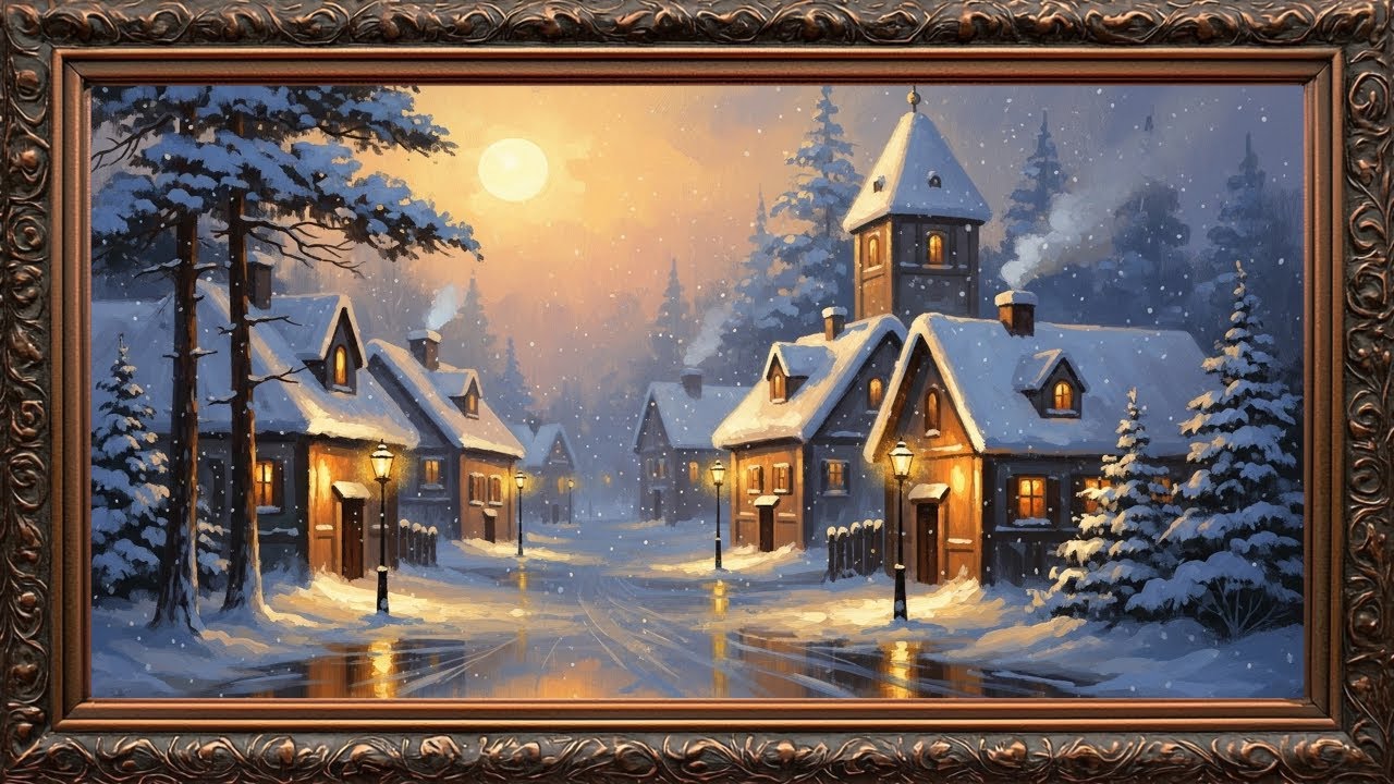 Cozy Winter Village at Night, Vintage Oil Painting  Gold Framed TV Art Screensaver