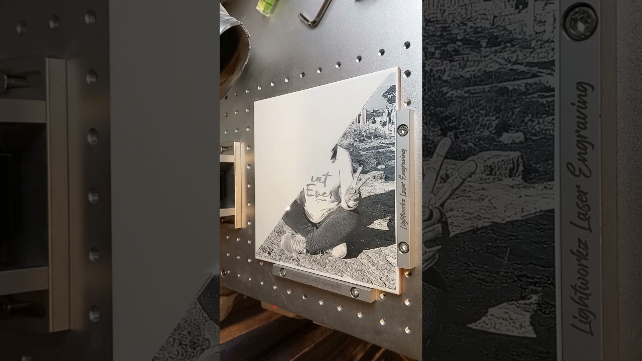 Fiber laser 20w + 200mm lens, photo on ceramic tile + Tio2 #2024