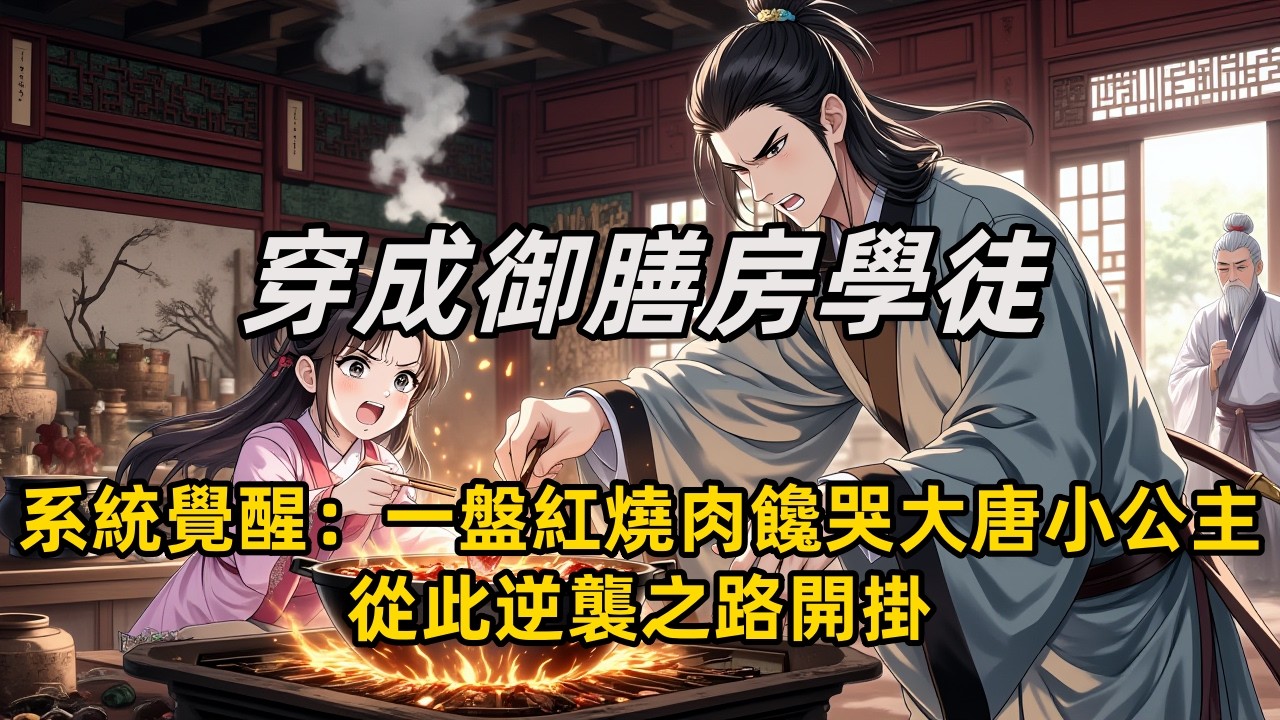 《穿成御膳房學徒，系統覺醒：一盤紅燒肉饞哭大唐小公主，從此逆襲之路開掛》魂穿大唐御膳房學徒，系統激活！一盤紅燒肉饞哭小公主，獎勵大師廚藝、粗鹽提純法。小公主護他：「誰敢動本公主的御廚！」從此開掛逆襲。