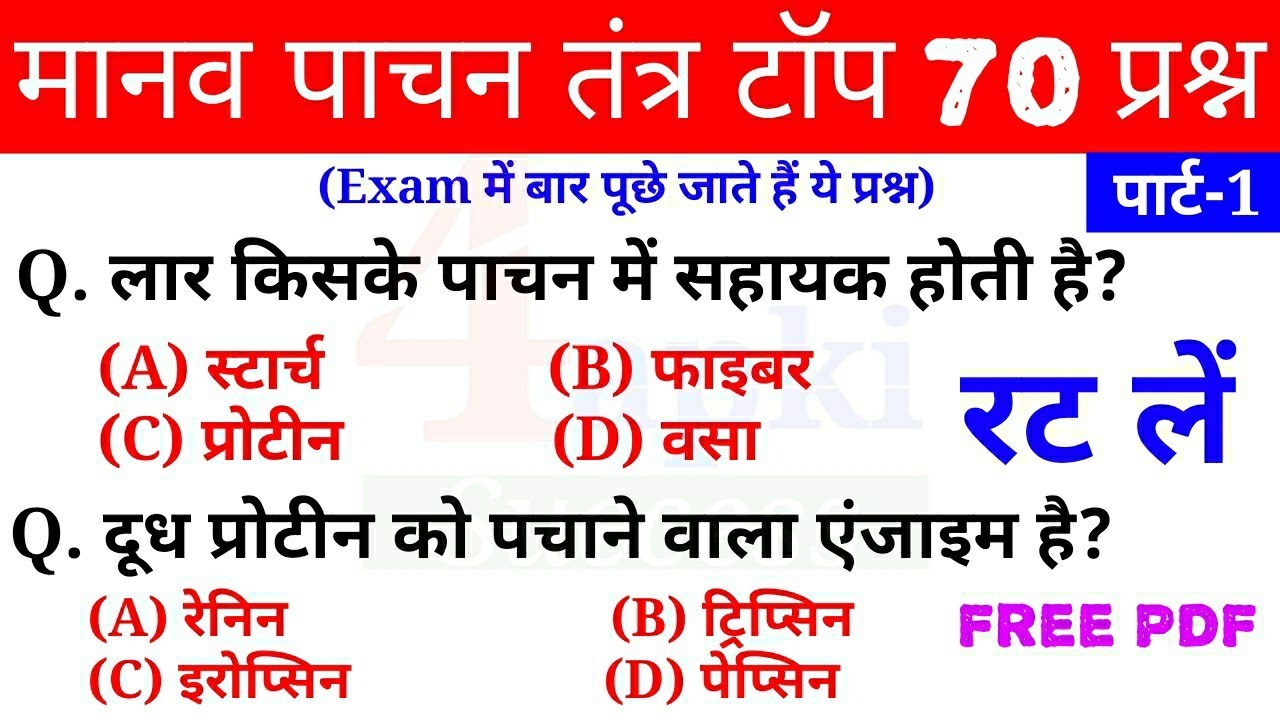 Biology GK : मानव पाचनतंत्र से संबंधित महत्वपूर्ण प्रश्न-1 | रट लें इन्हें