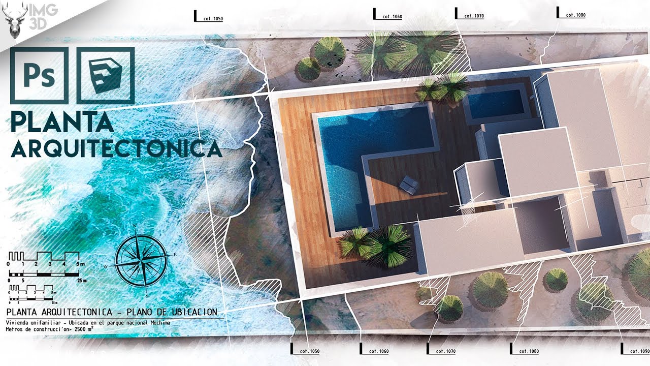 Planta arquitectonica en Photoshop | Efecto acuarela | Incluye Pinceles