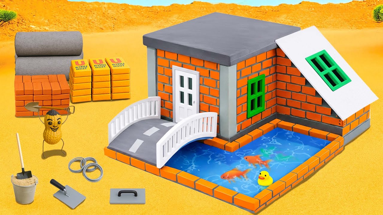 DIY Mini Brick House with Fish Pond and Small Garden Bridge | Mini Construction Project