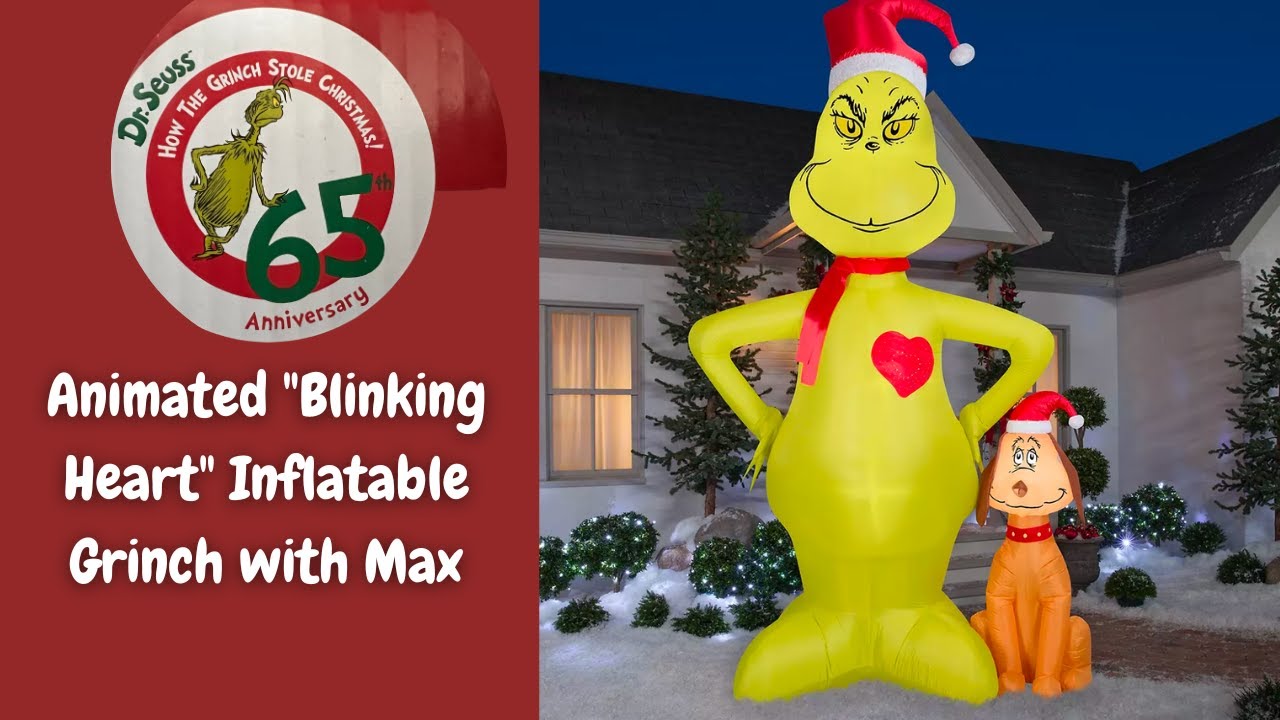 65th Anniversary Animated Blinking Heart Inflatable Grinch with Max BJS Wholesale Gemmy Christmas