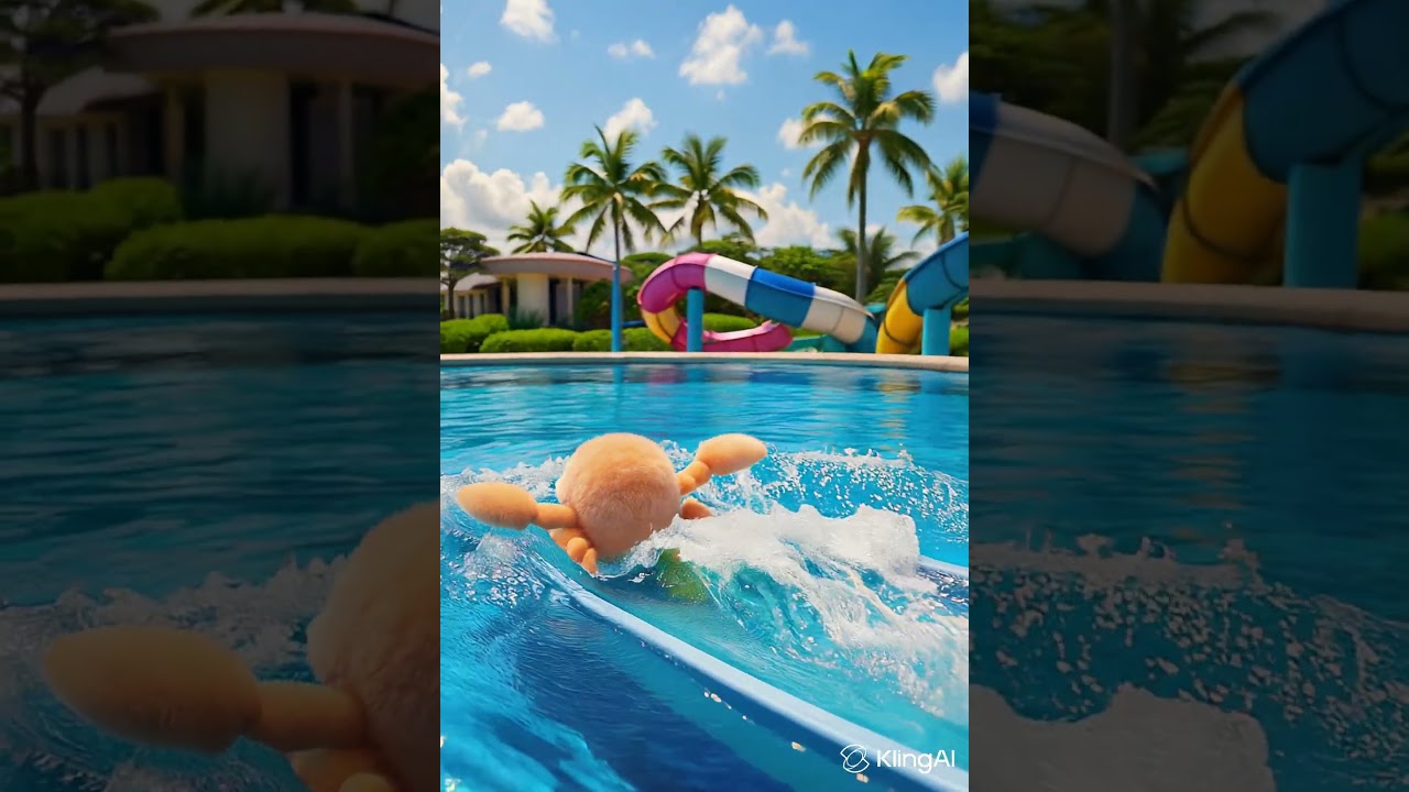 Tiny crab enjoying waterslide in swimming pool #crab #wateride #waterslide #swimmingpool #aivideo