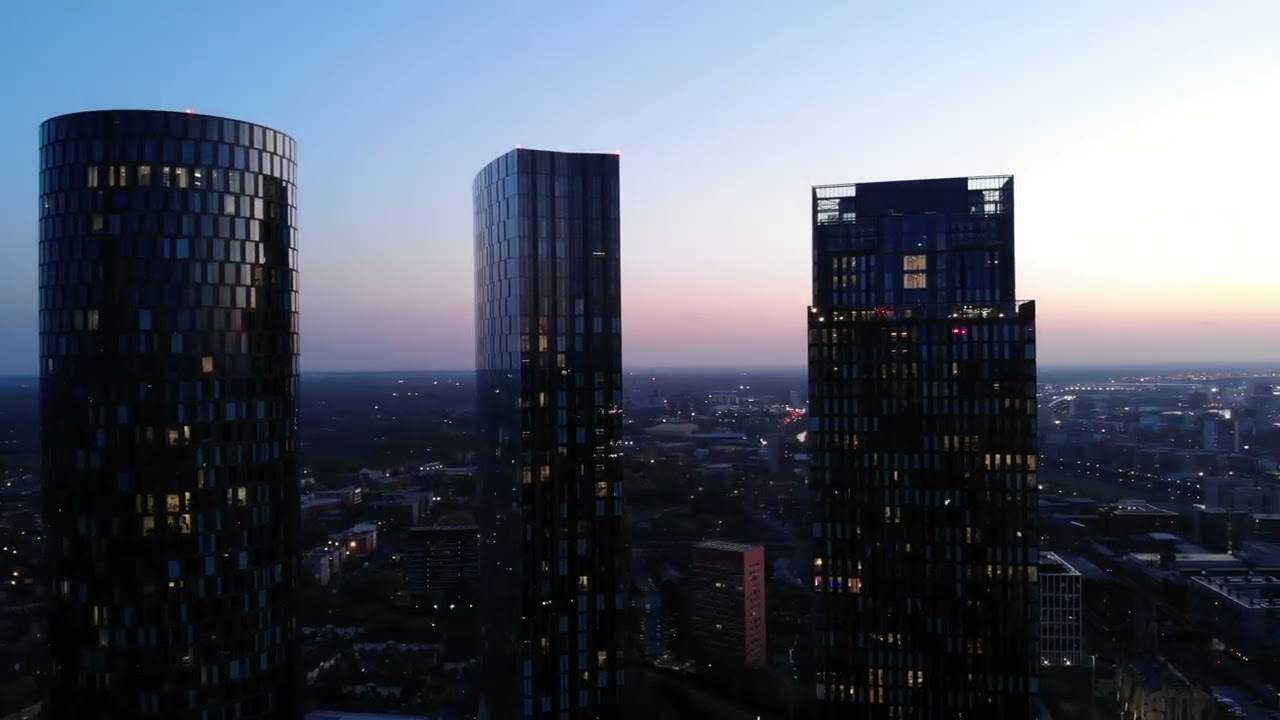 Drone Views of Manchester's Skyscrapers at Sunset and Nightfall | DJI