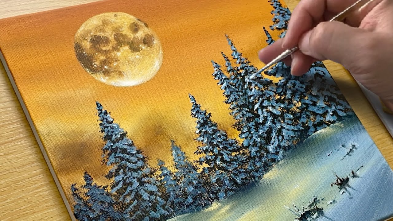 How to Draw a Winter Scene with a Full Moon / Acrylic Painting for Beginners