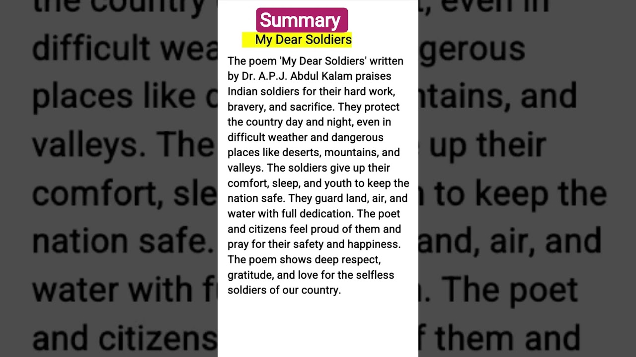 My Dear Soldiers, Summary, Class 7, English, New NCERT, CBSE, Poorvi