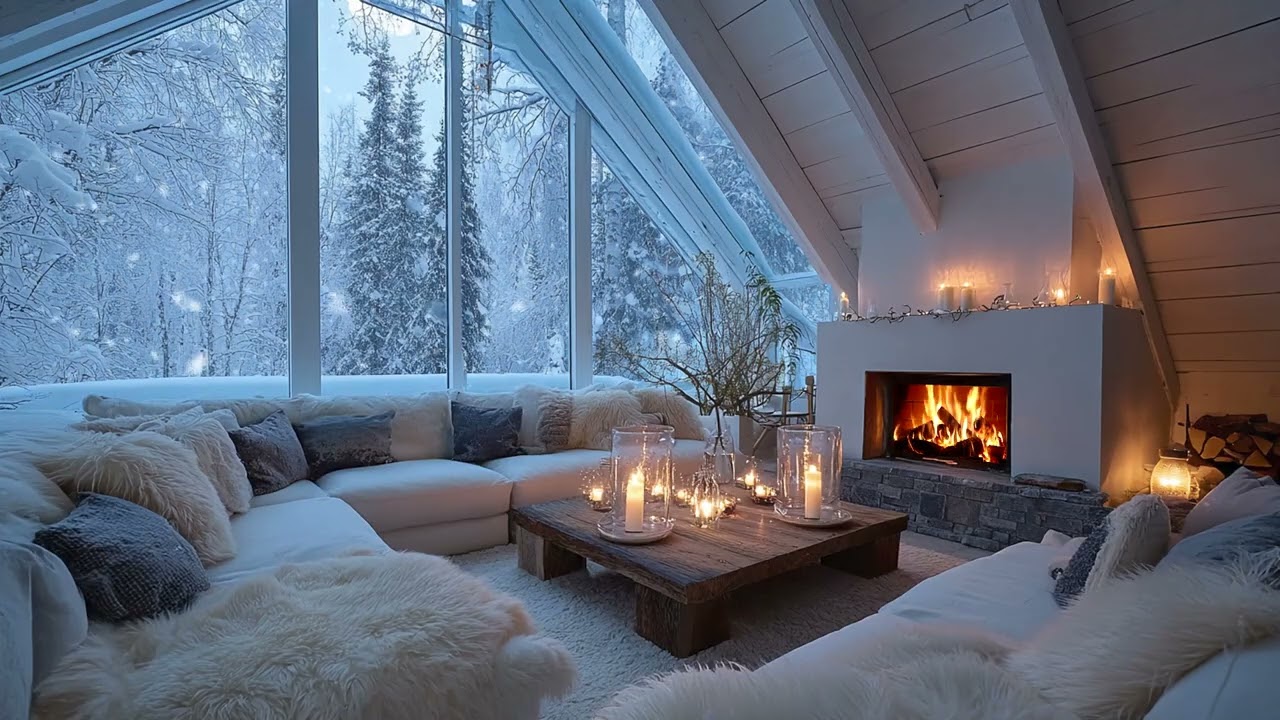 🔥🎹 Cozy Winter White Piano Lounge with Gentle Fire Glow and Flowers for 3 Hours Healing