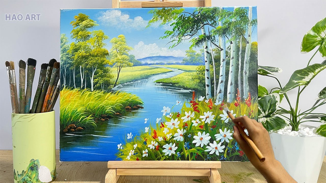 How to Paint a Forest Landscape with Flowers | Acrylic Tutorial|HAO ART